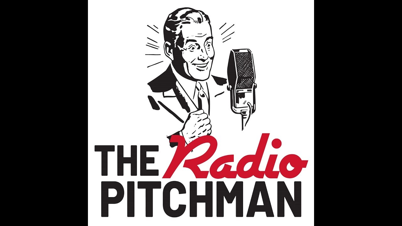 The Radio Pitchman logo with an illustrated man beside a vintage microphone