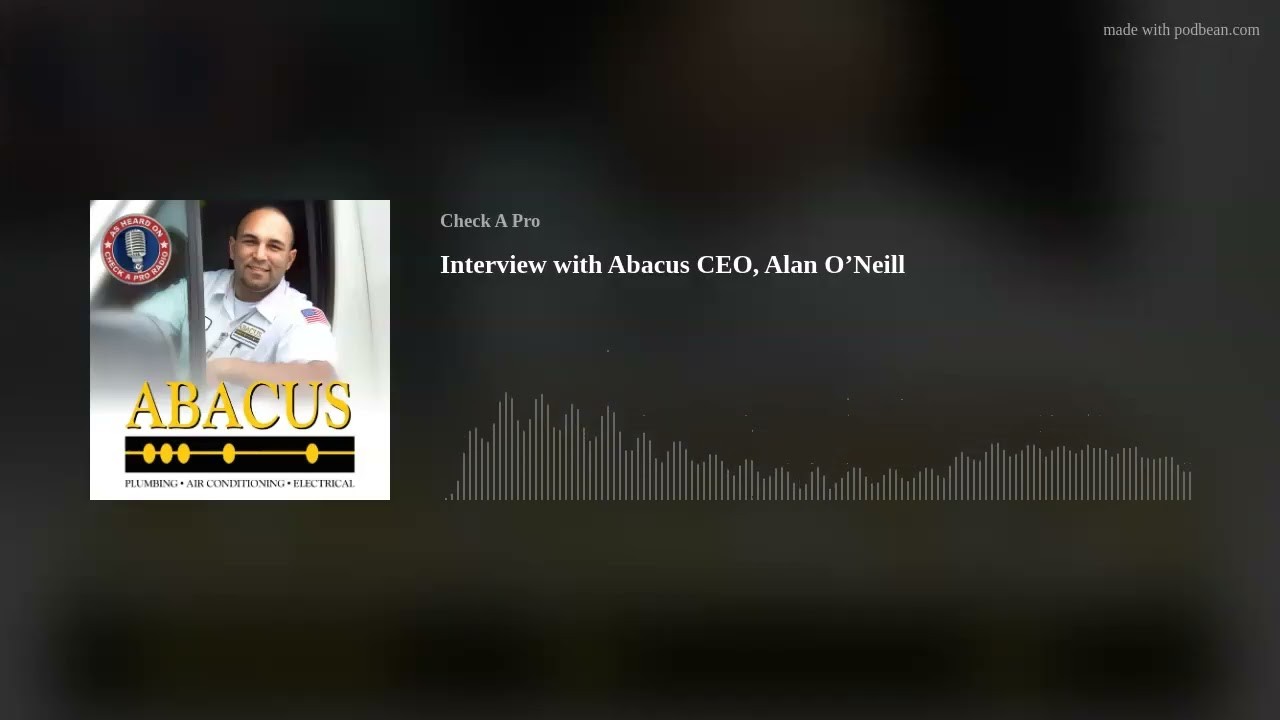 Dark podcast artwork for an Alan O’Neill interview with his portrait, the Abacus logo, and an audio waveform