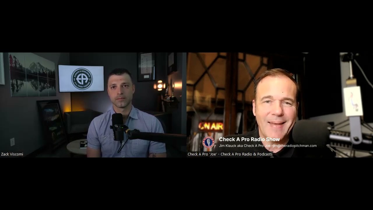 Split-screen interview frame showing Zack Viscomi at left and Check A Pro host Jim Klauck at right