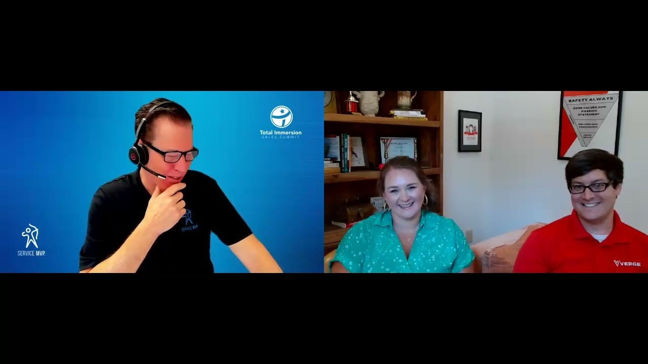 Service MVP split-screen video frame showing Joe Crisara with Kalee Moore and Clint Moore in a Verge-branded office