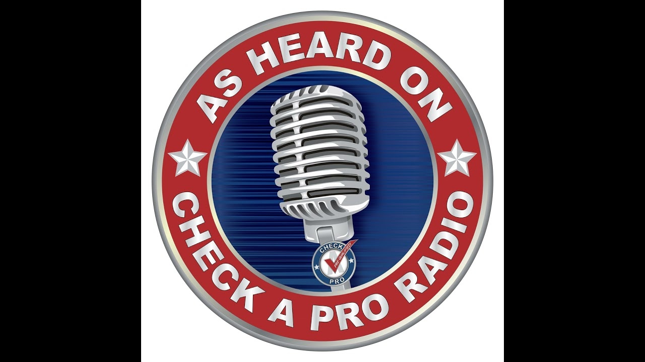 Circular red, white, and blue As Heard On Check A Pro Radio badge around a silver microphone, with black side bars