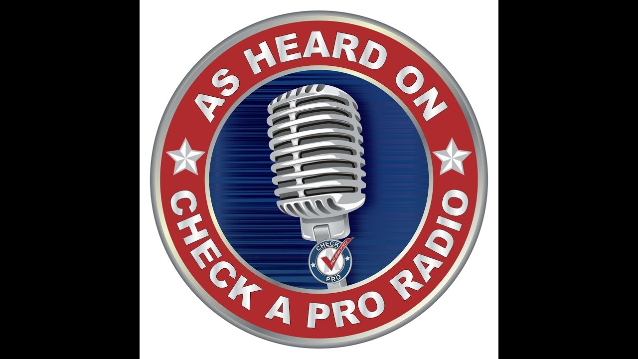 Large circular Check A Pro Radio microphone badge on a white background with black side borders