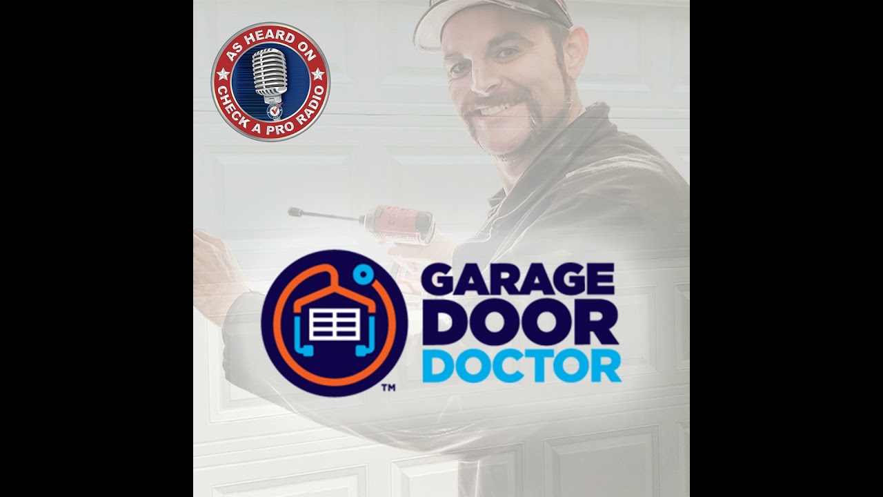 Garage Door Doctor logo over a photo of a smiling garage-door technician, with a Check A Pro Radio badge