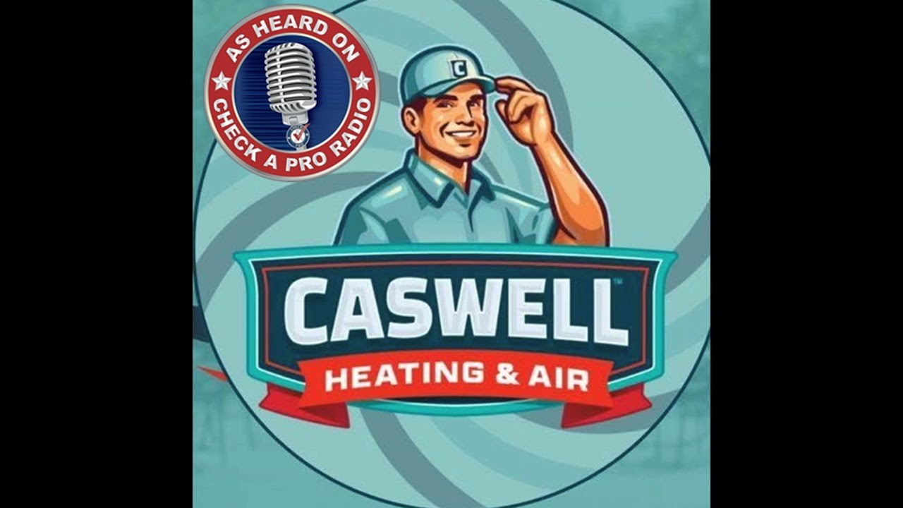 Illustrated Caswell Heating & Air logo with a smiling uniformed figure and a Check A Pro Radio microphone badge