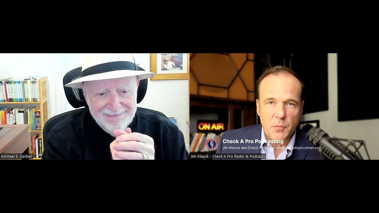 Split-screen source frame with Michael E. Gerber at left and host Jim Klauck at right