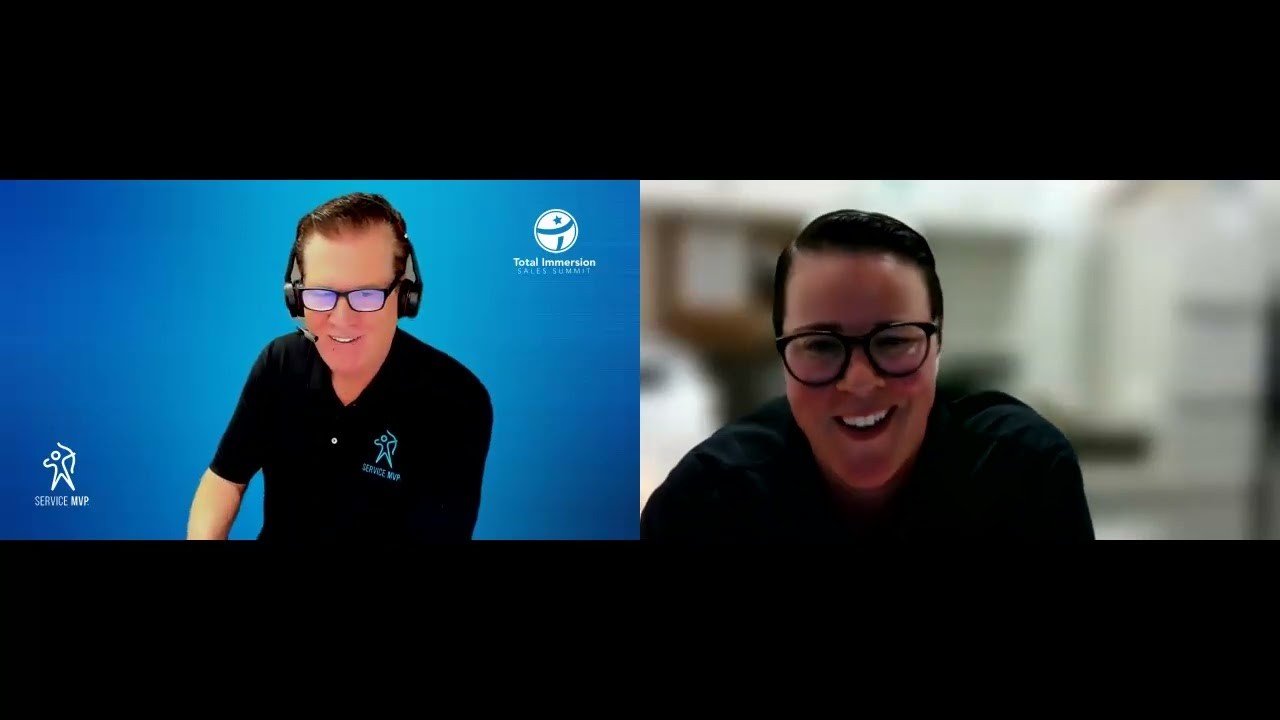 Service MVP split-screen video frame showing Joe Crisara and Nicole Snyder smiling