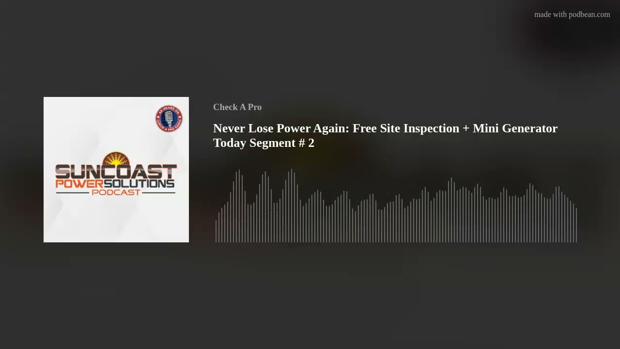 Podbean audio artwork for the Suncoast Power Solutions generator segment with the episode title and a waveform