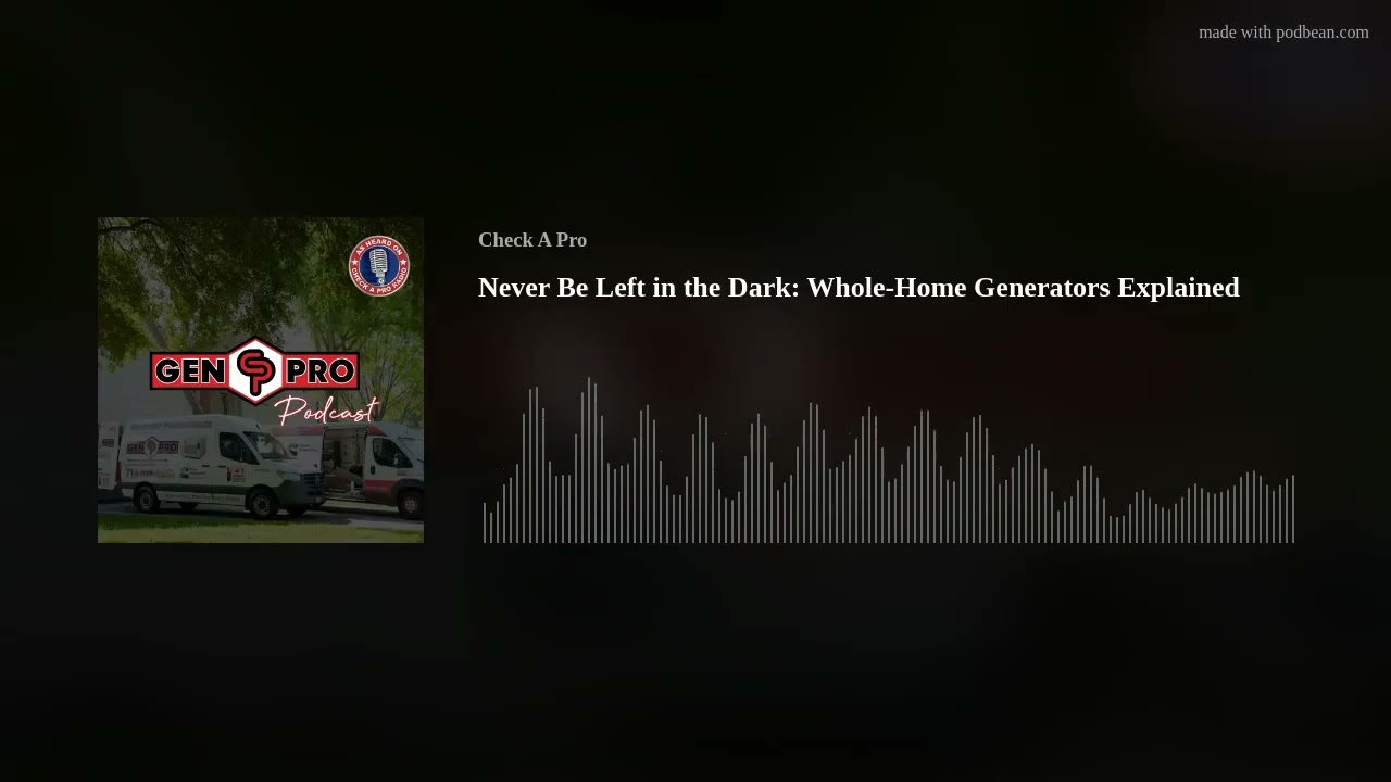 Podbean audio artwork for the A&A GenPro whole-home generator episode with service vans and a waveform