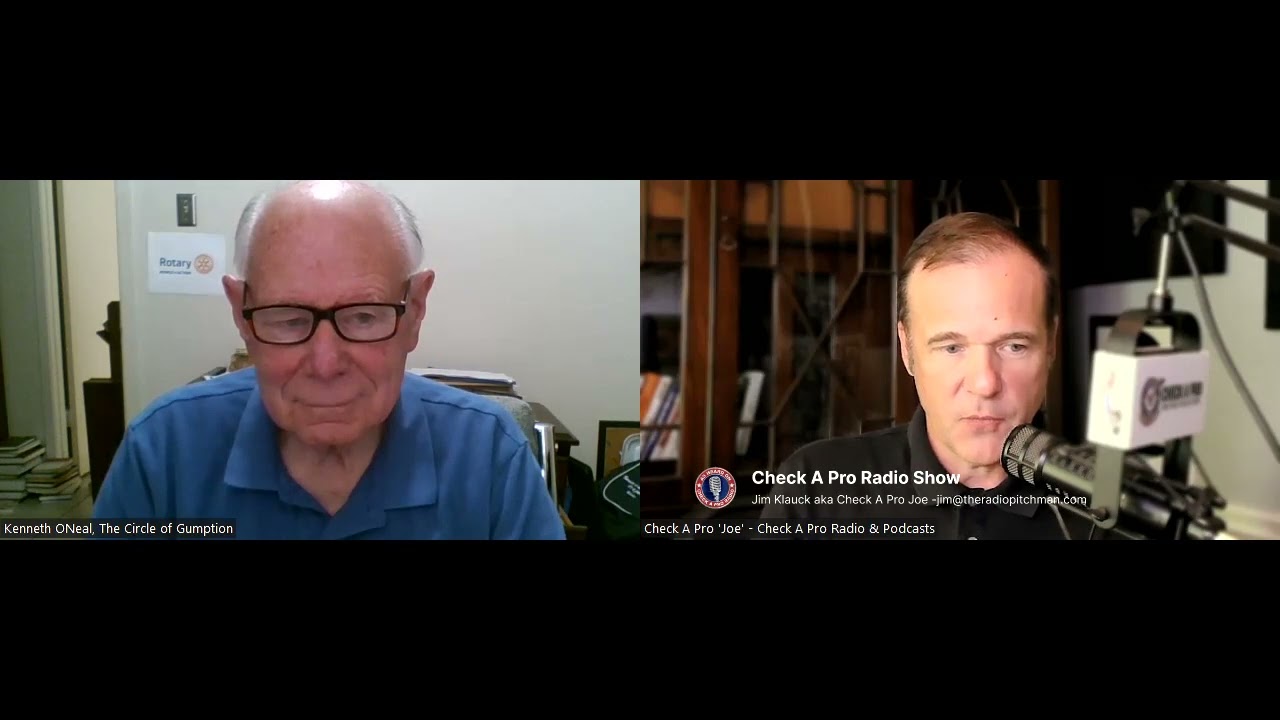 Split-screen episode frame labeled Kenneth O'Neal, The Circle of Gumption, at left and Jim Klauck at right