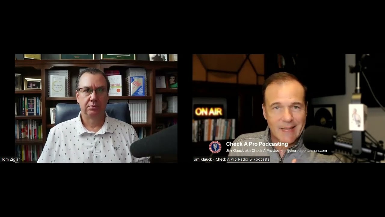 Split-screen interview frame showing Tom Ziglar at left and Jim Klauck at right