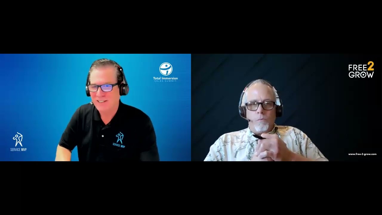 Split-screen episode frame with Service MVP host Joe Crisara and Michael Bears against a Free2Grow backdrop