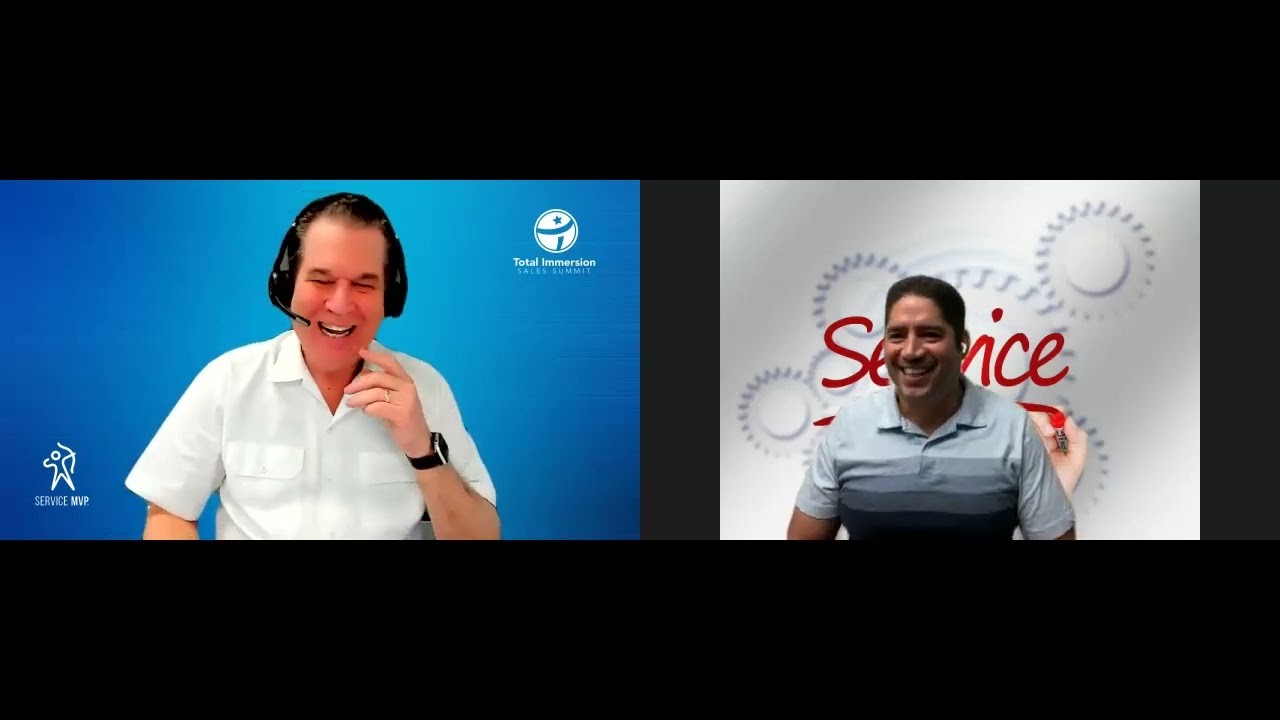 Service MVP split-screen video frame showing Joe Crisara and Roy Jaramillo seated in separate rooms