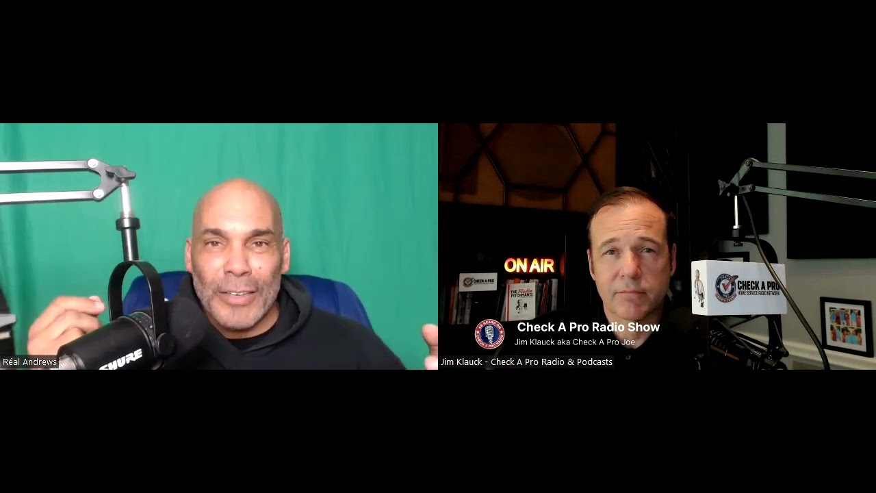 Réal Andrews and Jim Klauck speaking into microphones in a split-screen Check A Pro Radio Show interview