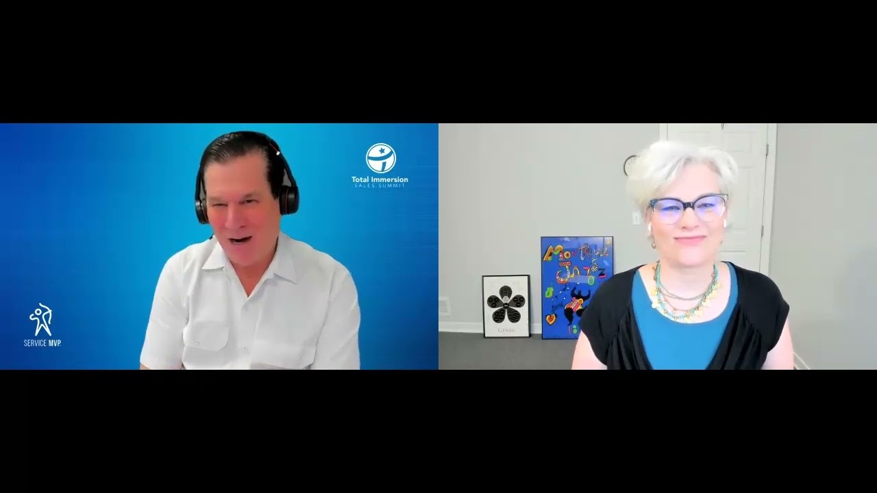 Helena Bouchez beside a male interviewer in a split-screen conversation with Service MVP and Total Immersion branding
