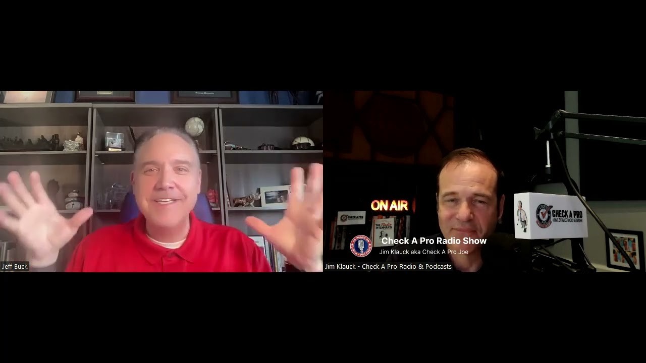 Split-screen video frame showing Jeff Buck in a red shirt and Jim Klauck at a Check A Pro studio microphone