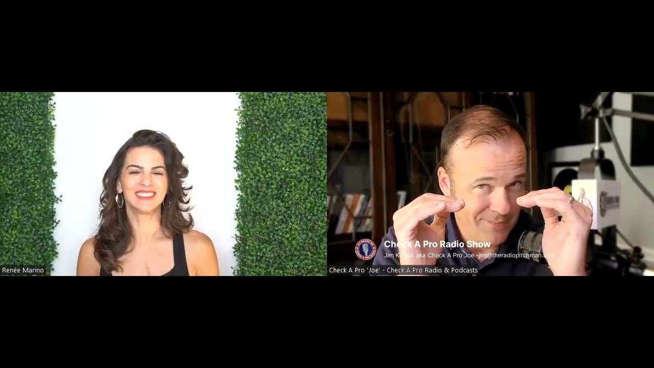 Split-screen source frame showing Renée Marino on the left and podcast host Jim Klauck on the right