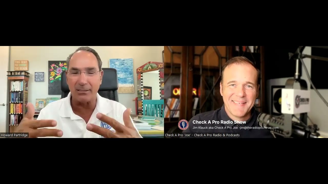Split-screen interview frame showing Howard Partridge at left and Jim Klauck at right