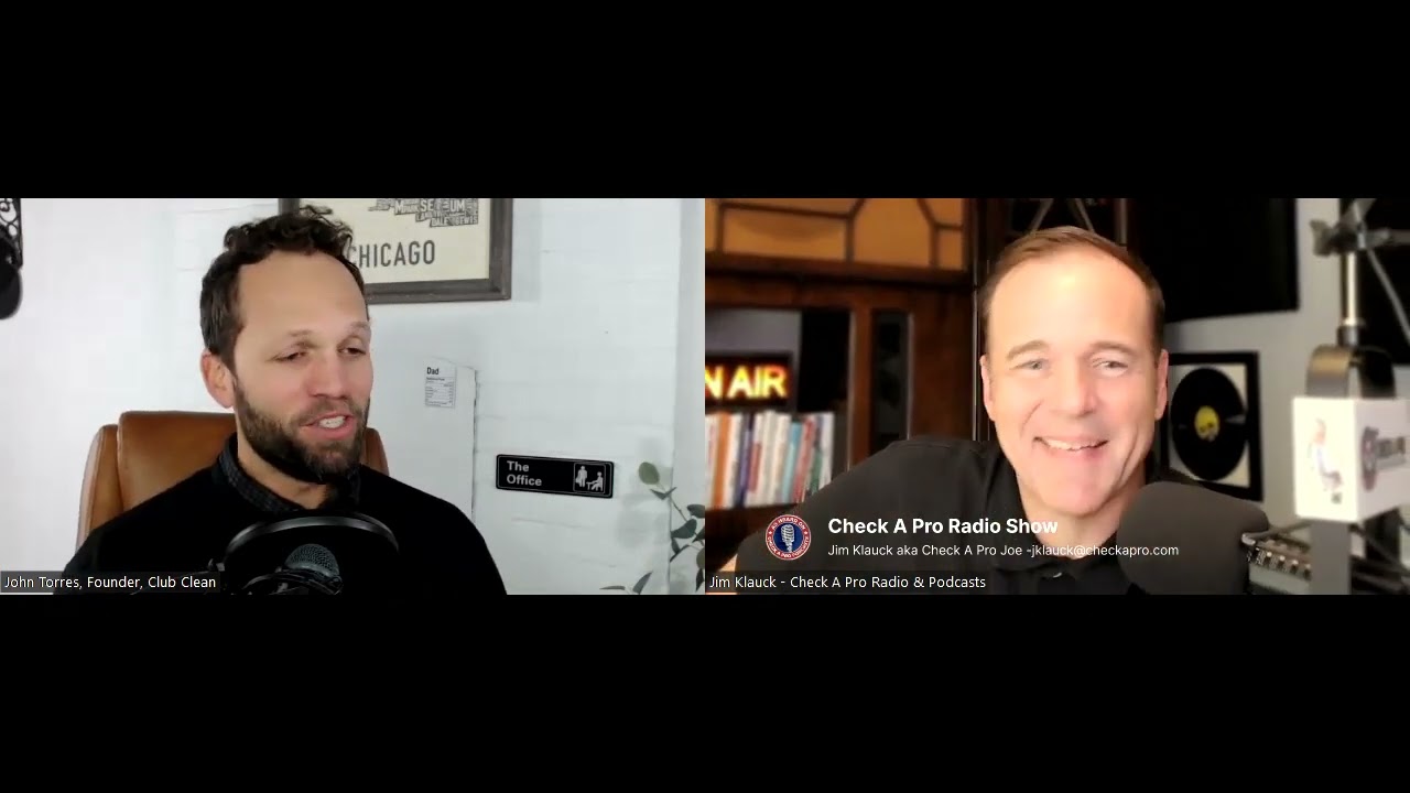 Split-screen podcast frame showing John Torres beside host Jim Klauck in the Check A Pro studio